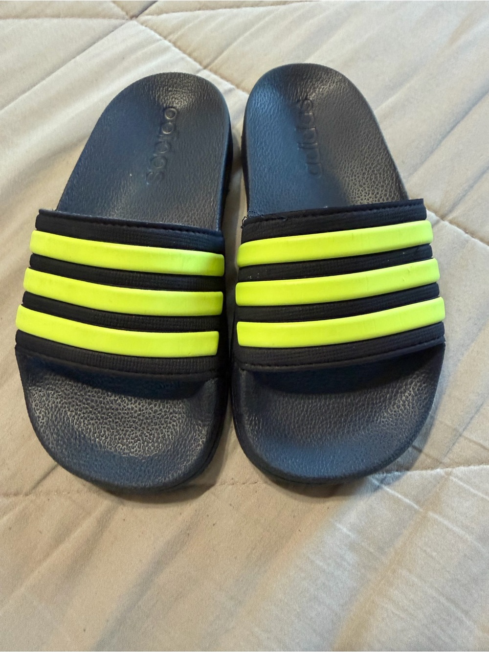 adidas Kids Black Slides with Neon Yellow Stripes